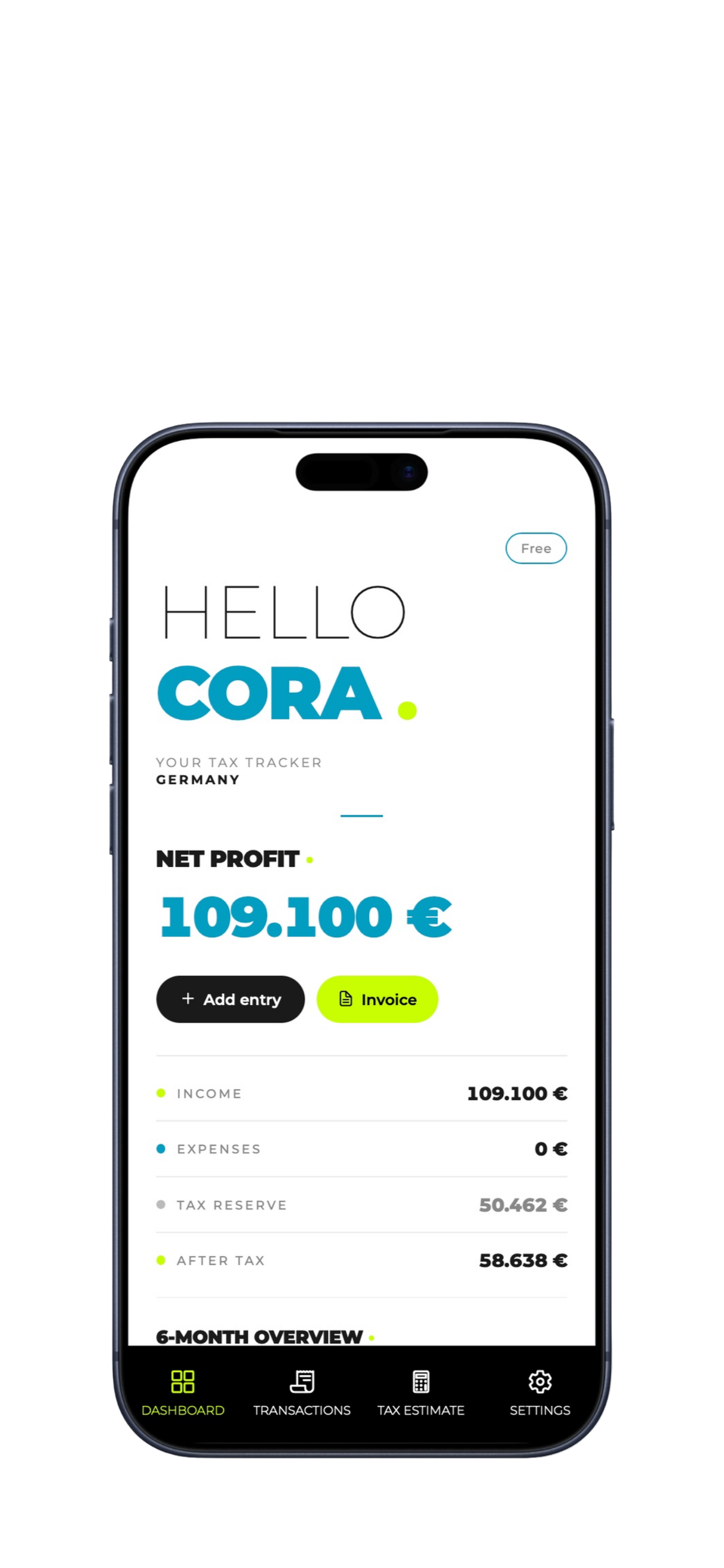 FreelanceFlow dashboard showing net profit, income, expenses, tax reserve, and after-tax figures for a German freelancer.