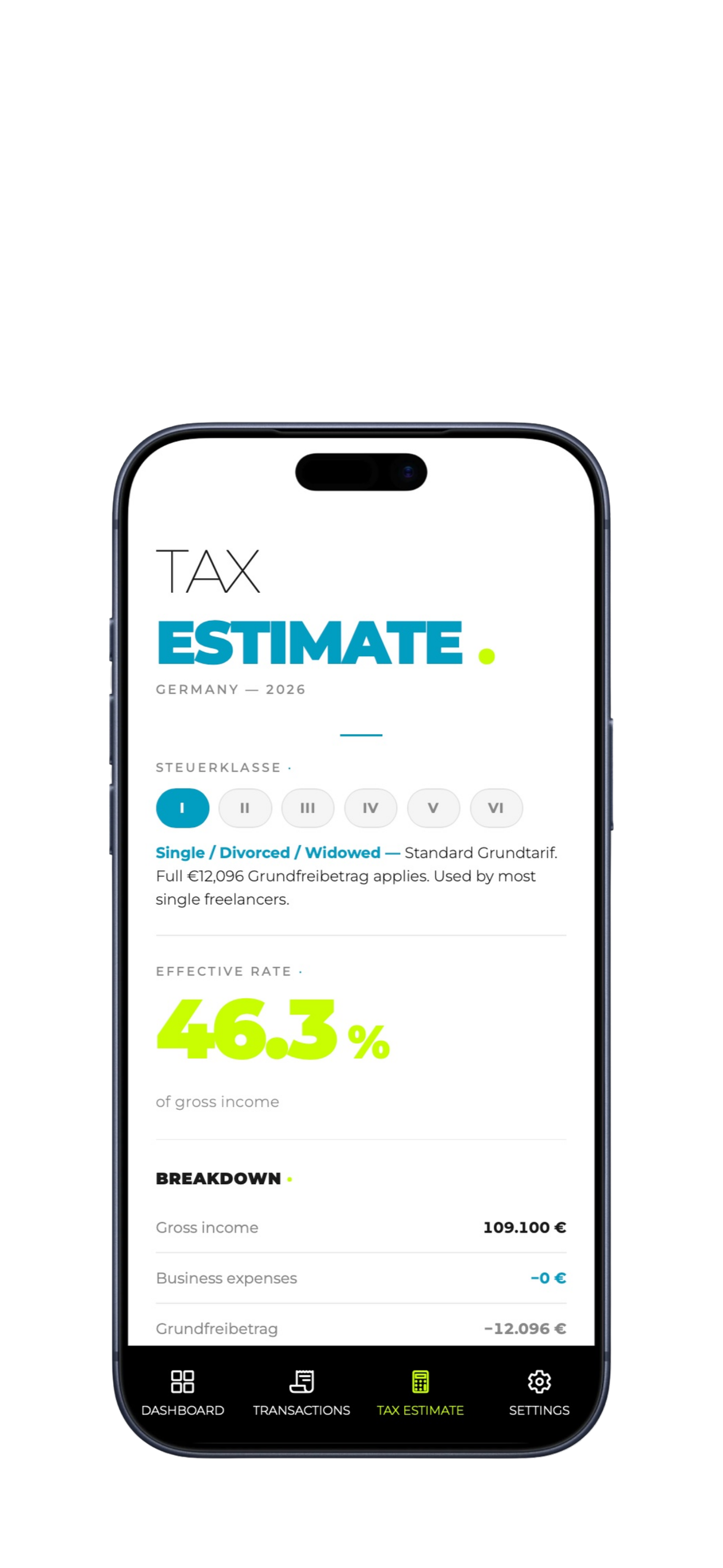Tax estimate screen showing German Steuerklasse and effective rate